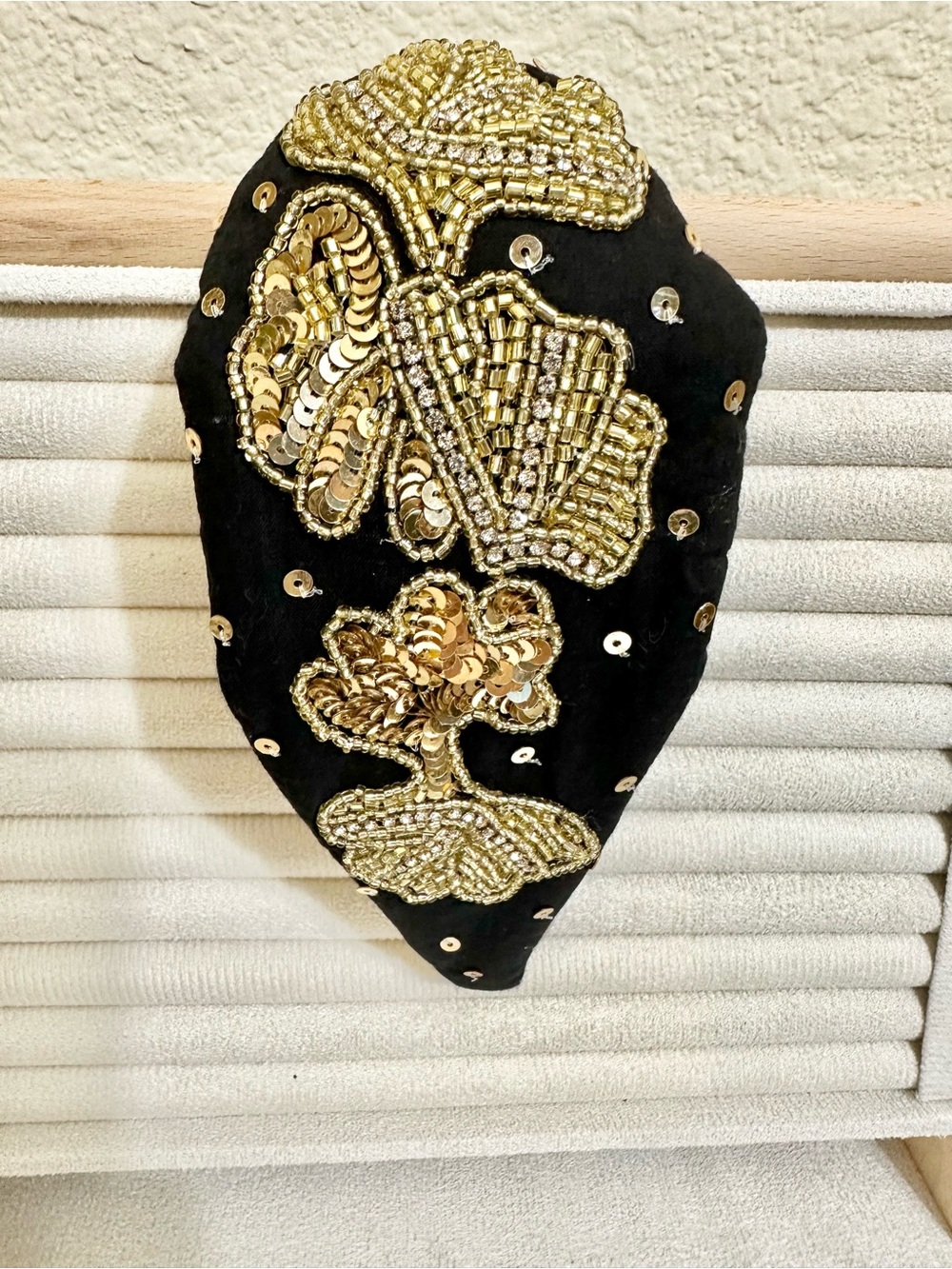 Chunky Gold Hand-Beaded Floral Black Headband
